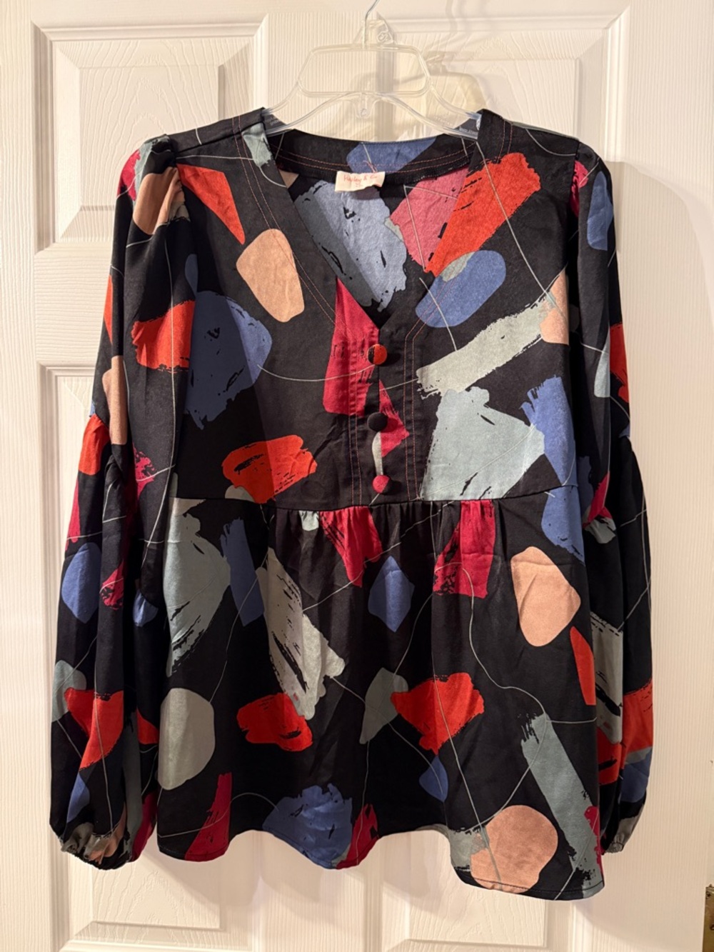 Paint-Brush Print Peasant Tunic - Black Multi